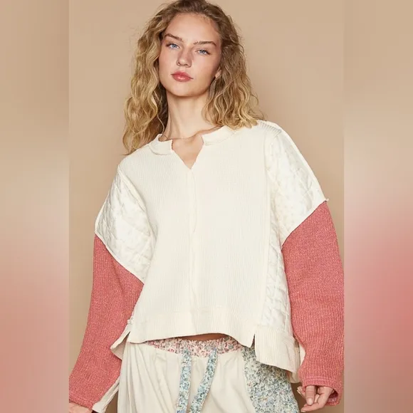 POL Quilted Contrast Waffle Knit Crop Top Patchwork High-low Long Sleeve Sweater