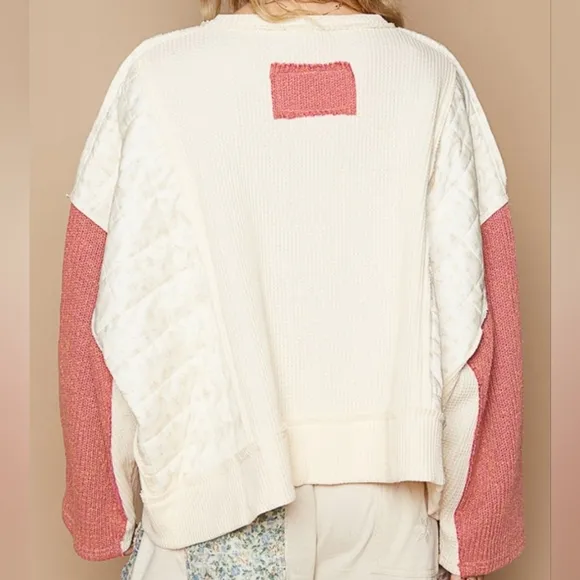 POL Quilted Contrast Waffle Knit Crop Top Patchwork High-low Long Sleeve Sweater