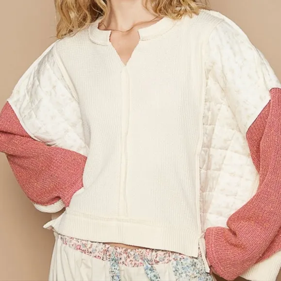 POL Quilted Contrast Waffle Knit Crop Top Patchwork High-low Long Sleeve Sweater