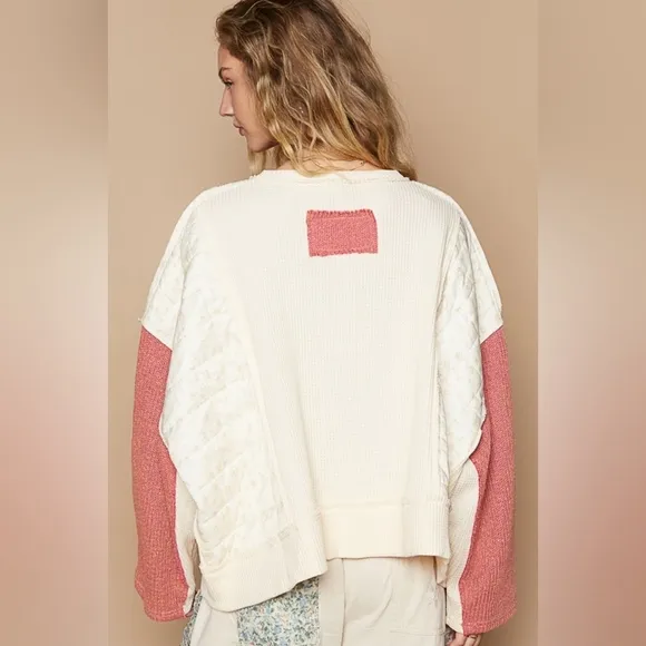 POL Quilted Contrast Waffle Knit Crop Top Patchwork High-low Long Sleeve Sweater