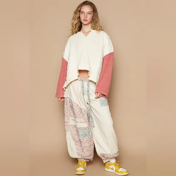 POL Quilted Contrast Waffle Knit Crop Top Patchwork High-low Long Sleeve Sweater