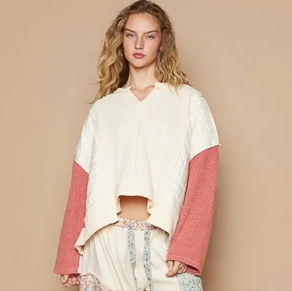 POL Quilted Contrast Waffle Knit Crop Top Patchwork High-low Long Sleeve Sweater