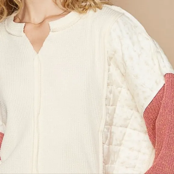 POL Quilted Contrast Waffle Knit Crop Top Patchwork High-low Long Sleeve Sweater