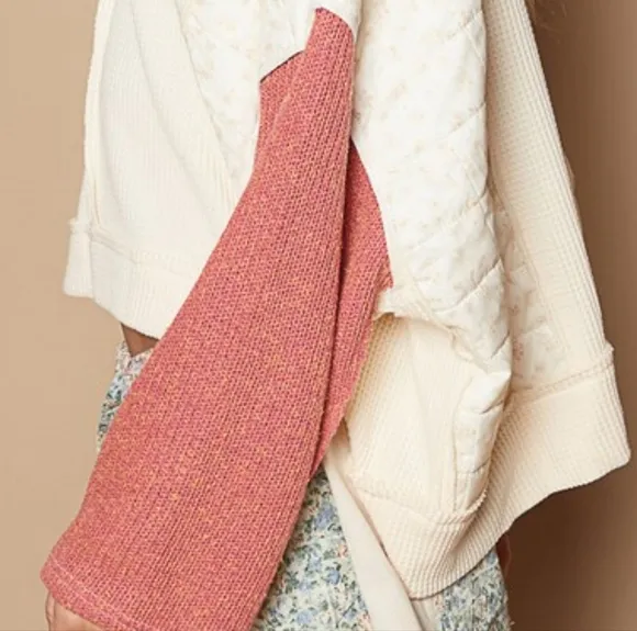 POL Quilted Contrast Waffle Knit Crop Top Patchwork High-low Long Sleeve Sweater
