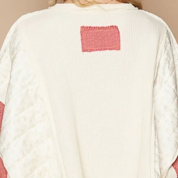 POL Quilted Contrast Waffle Knit Crop Top Patchwork High-low Long Sleeve Sweater