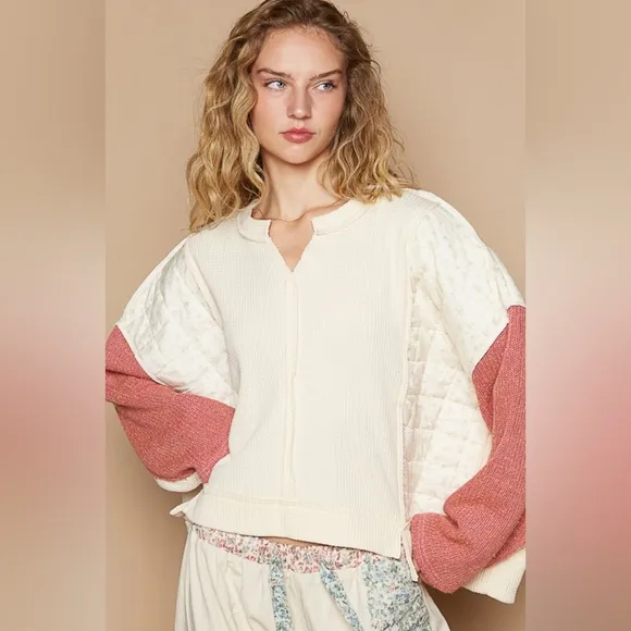 POL Quilted Contrast Waffle Knit Crop Top Patchwork High-low Long Sleeve Sweater