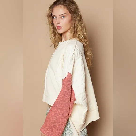 POL Quilted Contrast Waffle Knit Crop Top Patchwork High-low Long Sleeve Sweater