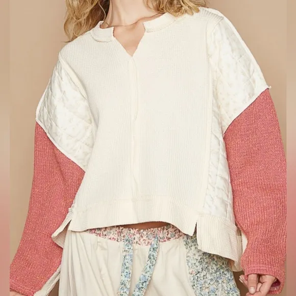 POL Quilted Contrast Waffle Knit Crop Top Patchwork High-low Long Sleeve Sweater