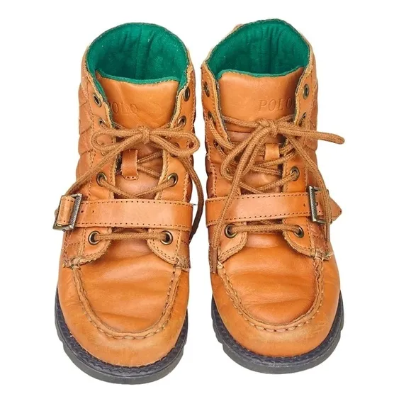 POLO RALPH LAUREN Kids Leather Lace Up Ankle Boots Sz 2 Ranger Hi II Tan Quilted