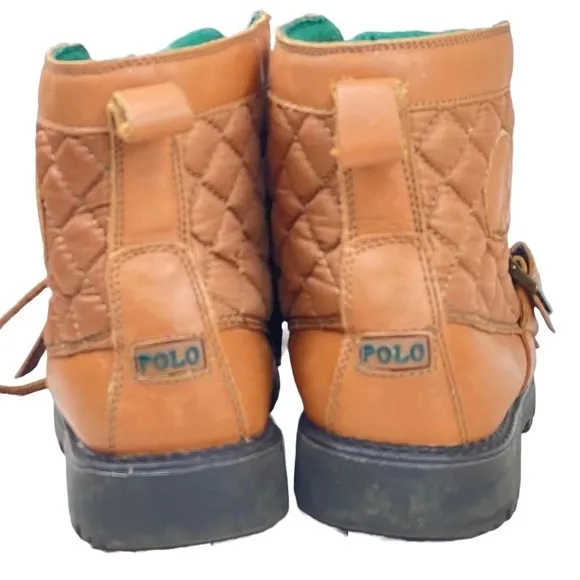 POLO RALPH LAUREN Kids Leather Lace Up Ankle Boots Sz 2 Ranger Hi II Tan Quilted