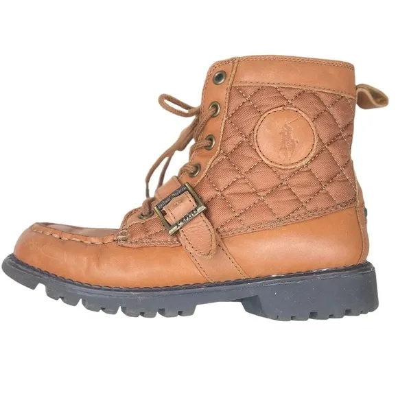 POLO RALPH LAUREN Kids Leather Lace Up Ankle Boots Sz 2 Ranger Hi II Tan Quilted