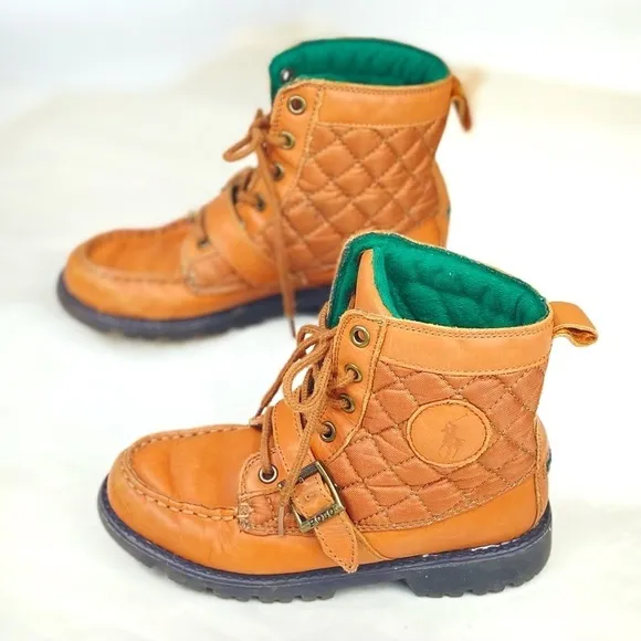 POLO RALPH LAUREN Kids Leather Lace Up Ankle Boots Sz 2 Ranger Hi II Tan Quilted