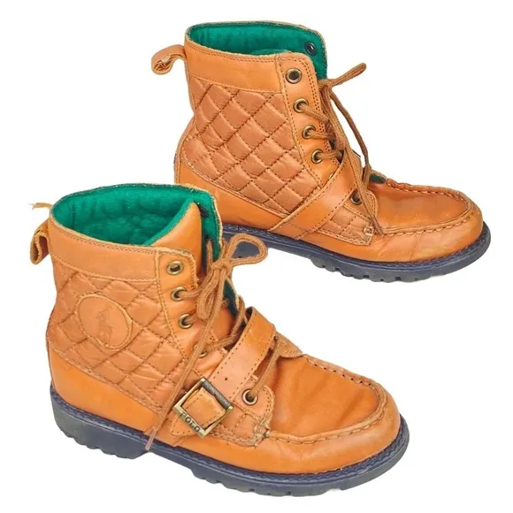 POLO RALPH LAUREN Kids Leather Lace Up Ankle Boots Sz 2 Ranger Hi II Tan Quilted