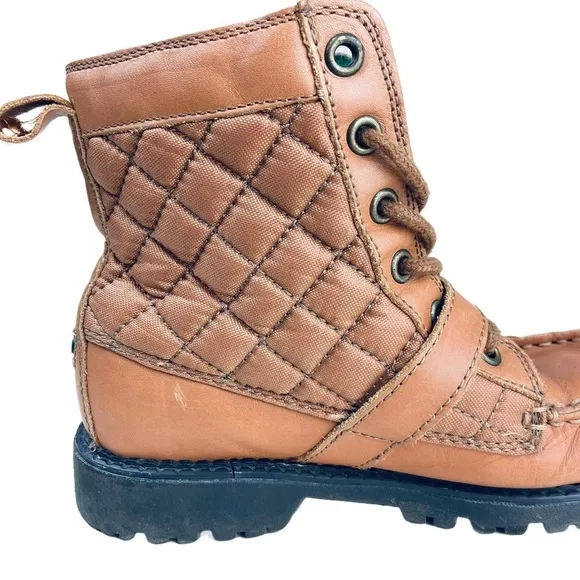 POLO RALPH LAUREN Kids Leather Lace Up Ankle Boots Sz 2 Ranger Hi II Tan Quilted