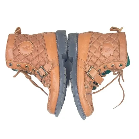 POLO RALPH LAUREN Kids Leather Lace Up Ankle Boots Sz 2 Ranger Hi II Tan Quilted