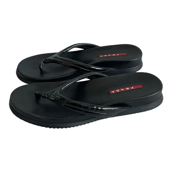 PRADA Flip Flops Black Patent Leather Sandals Women’s Slides Slip-on Shoes S 5.5