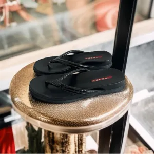 PRADA Flip Flops Black Patent Leather Sandals Women’s Slides Slip-on Shoes S 5.5
