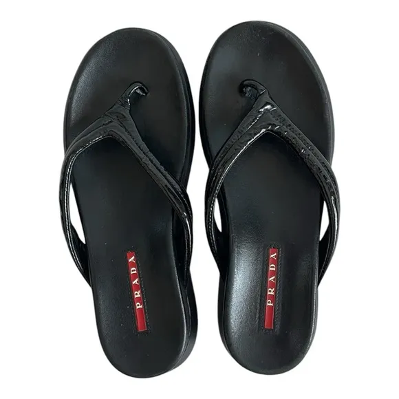 PRADA Flip Flops Black Patent Leather Sandals Women’s Slides Slip-on Shoes S 5.5
