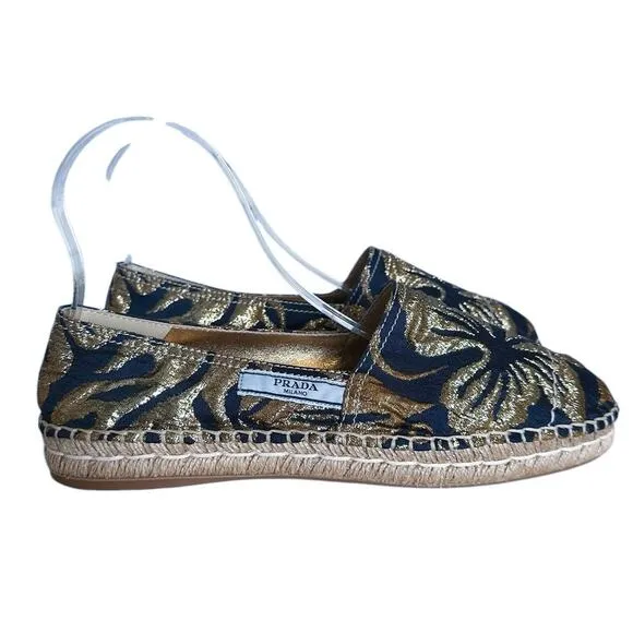 Prada Jacquard Floral Blue and Gold Espardille Flats 40