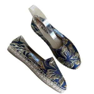 Prada Jacquard Floral Blue and Gold Espardille Flats 40