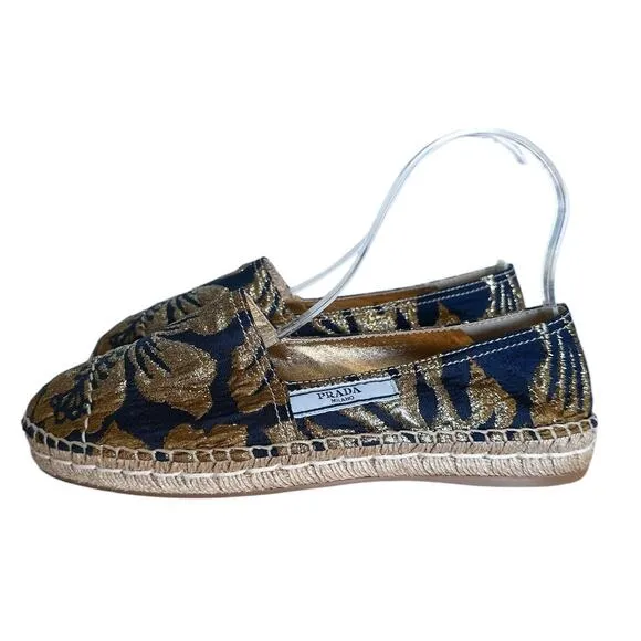 Prada Jacquard Floral Blue and Gold Espardille Flats 40