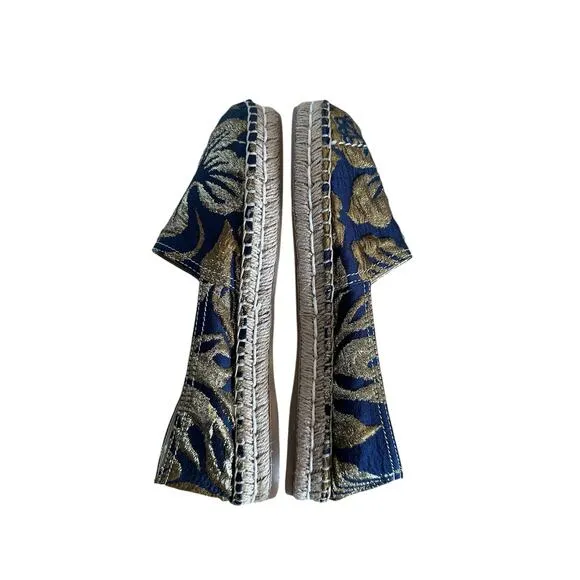 Prada Jacquard Floral Blue and Gold Espardille Flats 40