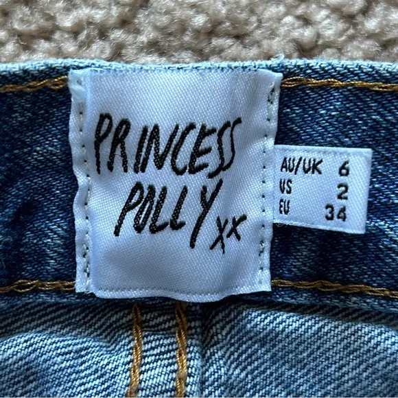 Princess Polly Holly Asymmetric Straight Leg Mid Wash Cotton Denim Jeans Size 2