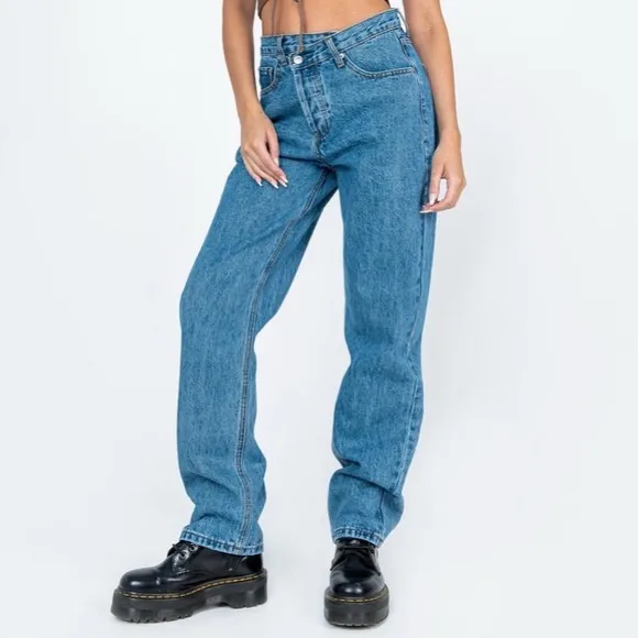 Princess Polly Holly Asymmetric Straight Leg Mid Wash Cotton Denim Jeans Size 2
