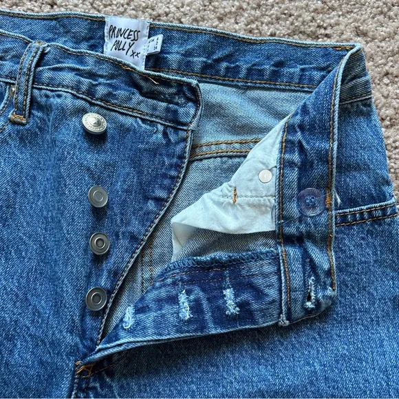 Princess Polly Holly Asymmetric Straight Leg Mid Wash Cotton Denim Jeans Size 2