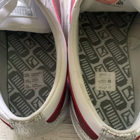 Puma &quot;Love FS&quot; Metallic Foil Fashion Sneakers  Size 11. White/Burgundy Silver