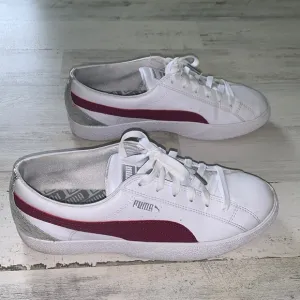 Puma &quot;Love FS&quot; Metallic Foil Fashion Sneakers  Size 11. White/Burgundy Silver