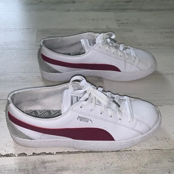 Puma &quot;Love FS&quot; Metallic Foil Fashion Sneakers  Size 11. White/Burgundy Silver