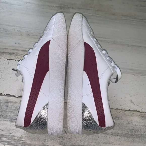 Puma &quot;Love FS&quot; Metallic Foil Fashion Sneakers  Size 11. White/Burgundy Silver