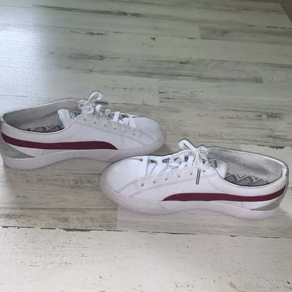 Puma &quot;Love FS&quot; Metallic Foil Fashion Sneakers  Size 11. White/Burgundy Silver