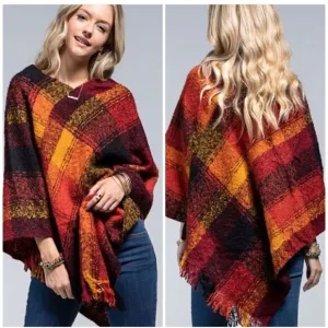 Pumpkin Spice Boucle V-Neck Yarn Plaid Pancho Shawl Fringe Brand New