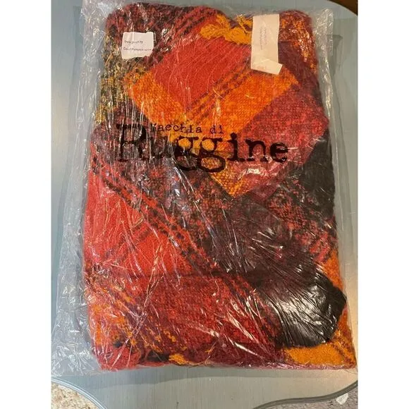 Pumpkin Spice Boucle V-Neck Yarn Plaid Pancho Shawl Fringe Brand New