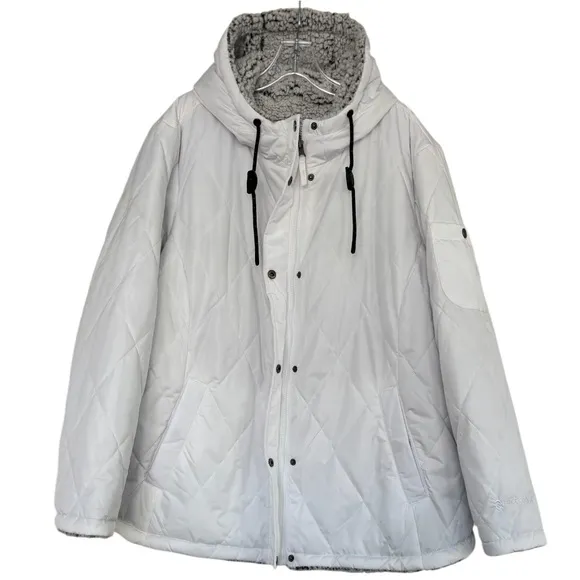 Quilted Puffer Coat With Hood Warm Sherpa Fleece Lined Hooded White Plus Size 2X