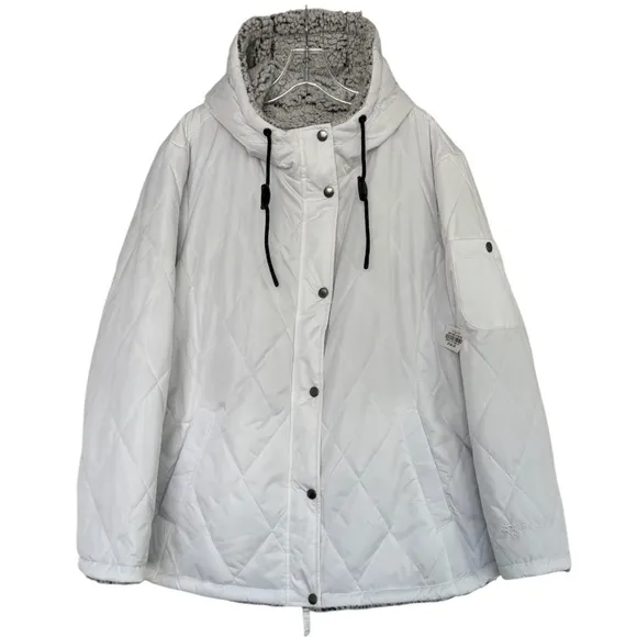 Quilted Puffer Coat With Hood Warm Sherpa Fleece Lined Hooded White Plus Size 2X