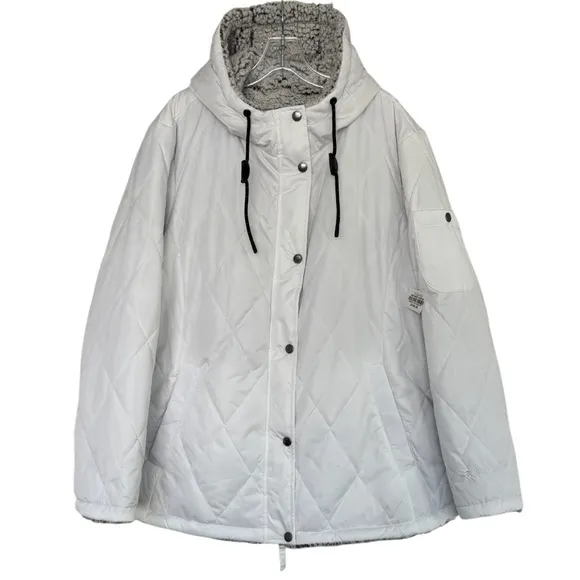 Quilted Puffer Coat With Hood Warm Sherpa Fleece Lined Hooded White Plus Size 2X