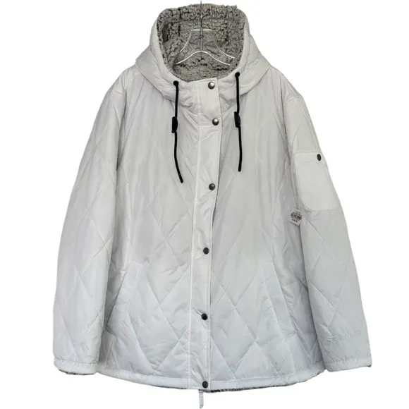 Quilted Puffer Coat With Hood Warm Sherpa Fleece Lined Hooded White Plus Size 2X