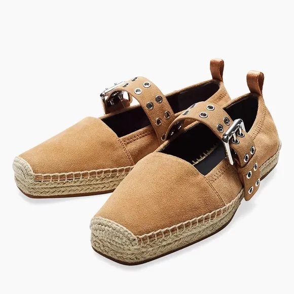 Rag &amp; Bone 36 Anteros Buckle-Detailed Suede Espadrilles in Oak Brown