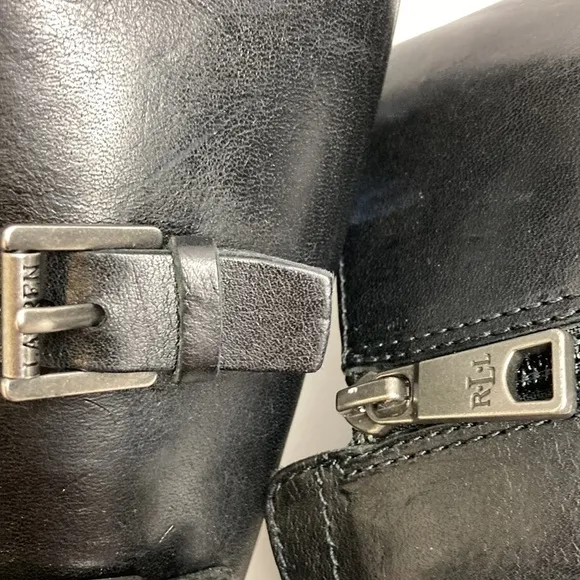 Ralph Lauren Georgianne Side-Buckle Black Leather Boots