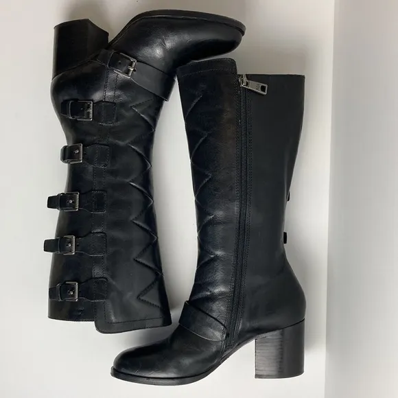 Ralph Lauren Georgianne Side-Buckle Black Leather Boots