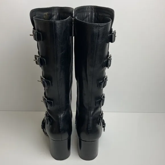 Ralph Lauren Georgianne Side-Buckle Black Leather Boots