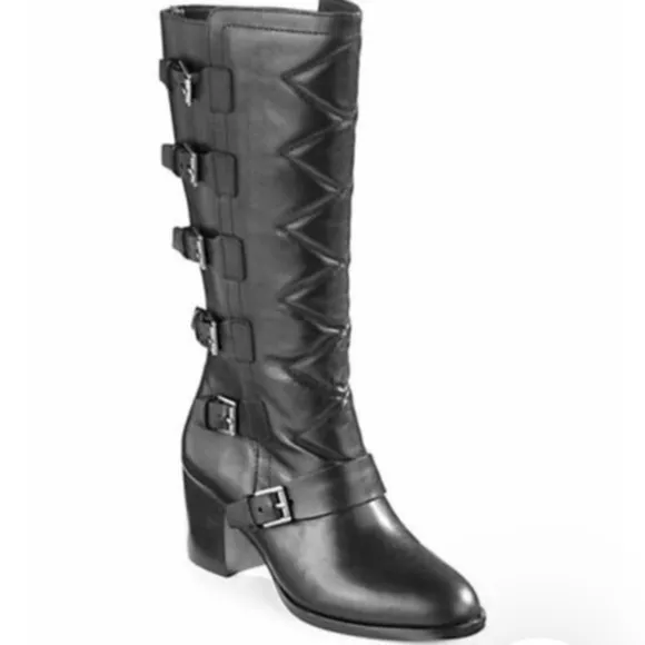 Ralph Lauren Georgianne Side-Buckle Black Leather Boots
