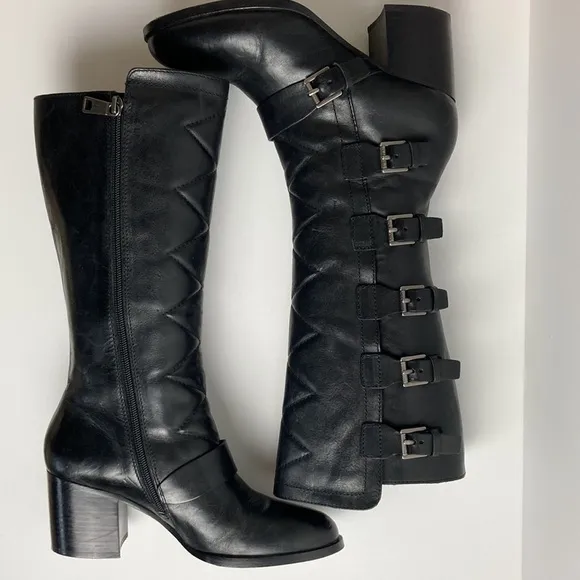 Ralph Lauren Georgianne Side-Buckle Black Leather Boots
