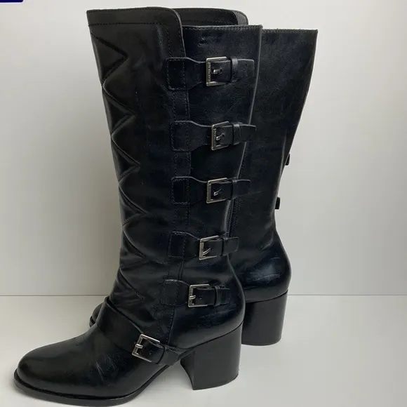 Ralph Lauren Georgianne Side-Buckle Black Leather Boots