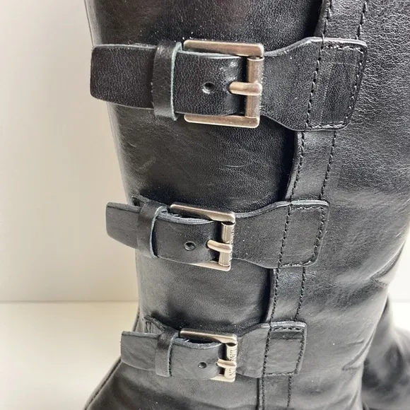 Ralph Lauren Georgianne Side-Buckle Black Leather Boots