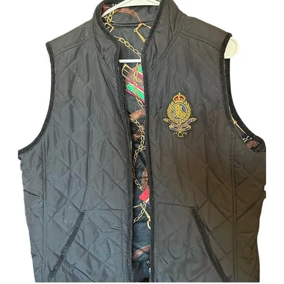 Ralph Lauren Reversible Equestrian Print Quilted Vest - Black &amp; Gold Chain  M