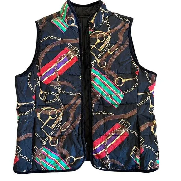 Ralph Lauren Reversible Equestrian Print Quilted Vest - Black &amp; Gold Chain  M